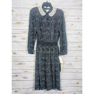 Taurus II‎ Women Vintage Paisley Lace Collar Smocked Waist Dress Black White 10